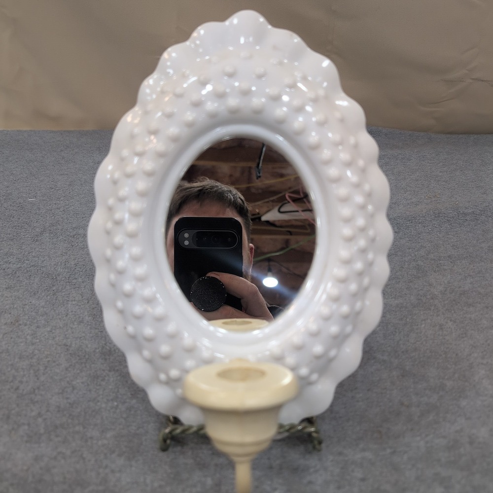 White Hobnail Oval Vanity Mirror With Candle Holder Sconce Wall Mount